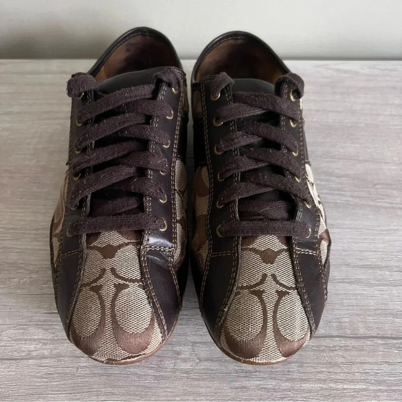 Coach SUEE Signature Brown Leather & Canvas Fashion Sneakers Size 8 - Picture 2 of 10